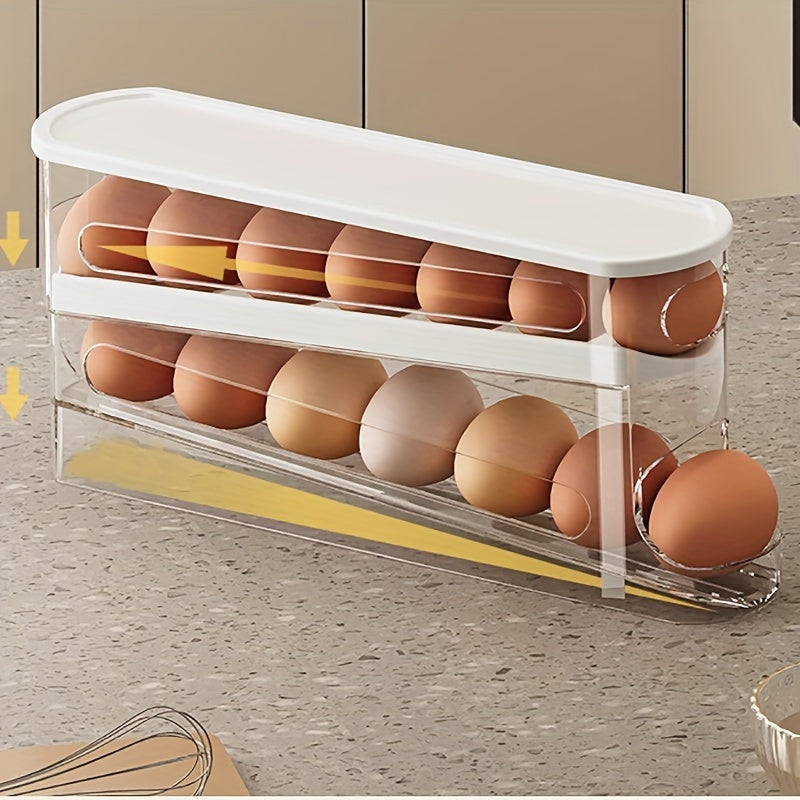 1pc Double-Layer Rolling Egg Storage Box, Space-Saving Fridge Door Organizer, Durable Plastic, Battery-Free, Perfect for Home Storage