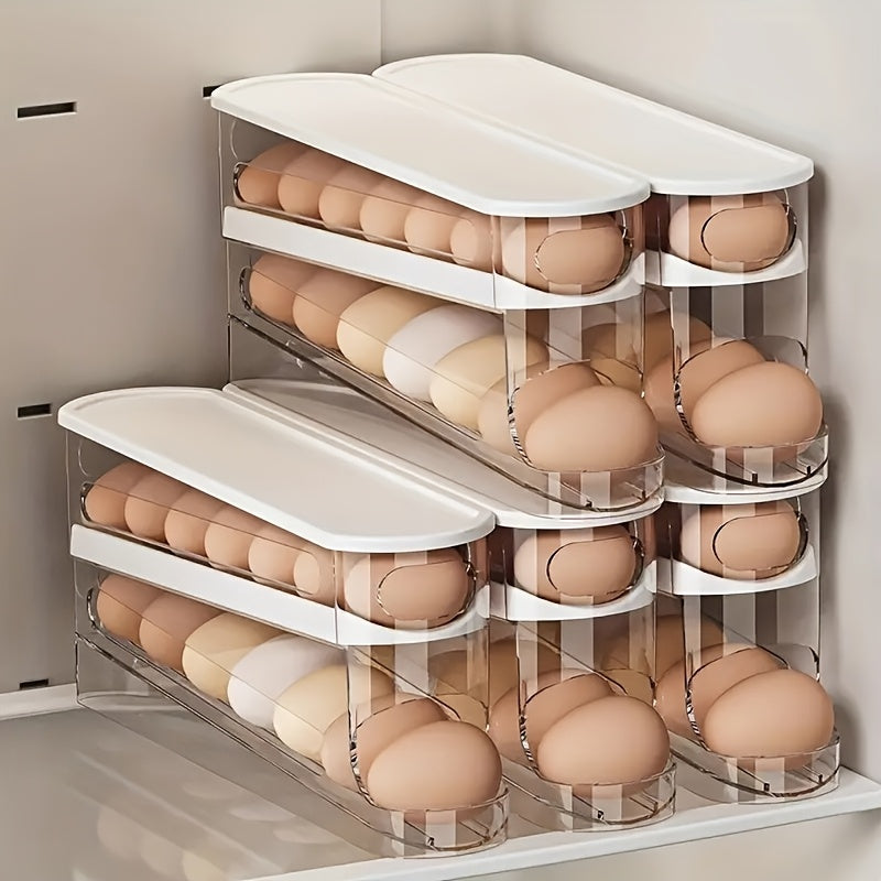 1pc Space-Saving Double-Layer Transparent Automatic Rolling Egg Holder with White Lid - Food-Safe Plastic, Ideal for Refrigerator Side Door & Kitchen Countertops, Egg Holder for Refrigerator