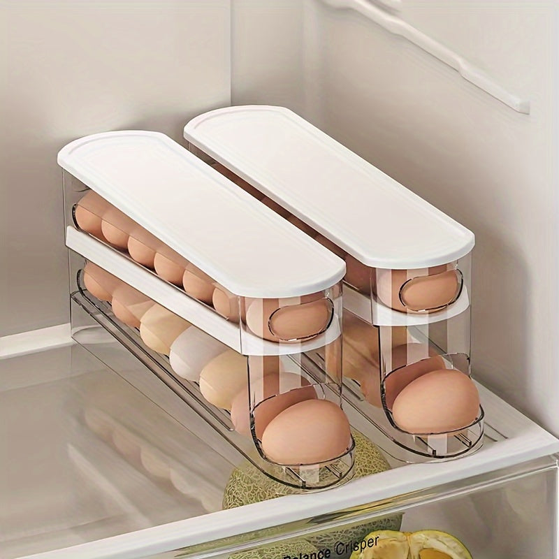 1pc Double-Layer Rolling Egg Storage Box, Space-Saving Fridge Door Organizer, Durable Plastic, Battery-Free, Perfect for Home Storage