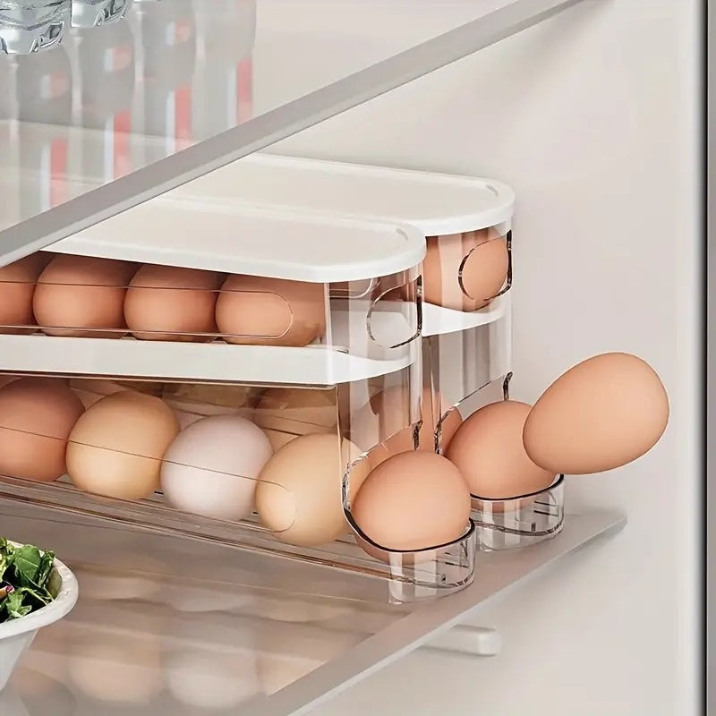 1pc Space-Saving Double-Layer Transparent Automatic Rolling Egg Holder with White Lid - Food-Safe Plastic, Ideal for Refrigerator Side Door & Kitchen Countertops, Egg Holder for Refrigerator