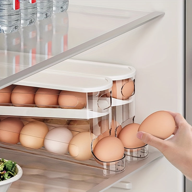 1pc Double-Layer Rolling Egg Storage Box, Space-Saving Fridge Door Organizer, Durable Plastic, Battery-Free, Perfect for Home Storage