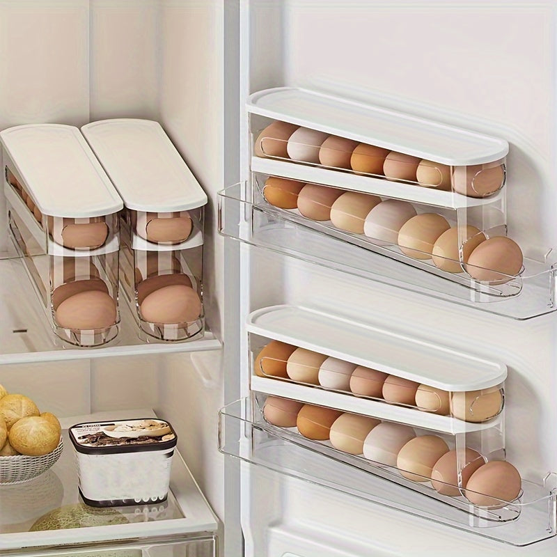 1pc Space-Saving Double-Layer Transparent Automatic Rolling Egg Holder with White Lid - Food-Safe Plastic, Ideal for Refrigerator Side Door & Kitchen Countertops, Egg Holder for Refrigerator