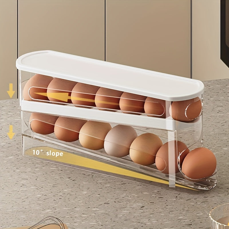 1pc Double-Layer Rolling Egg Storage Box, Space-Saving Fridge Door Organizer, Durable Plastic, Battery-Free, Perfect for Home Storage