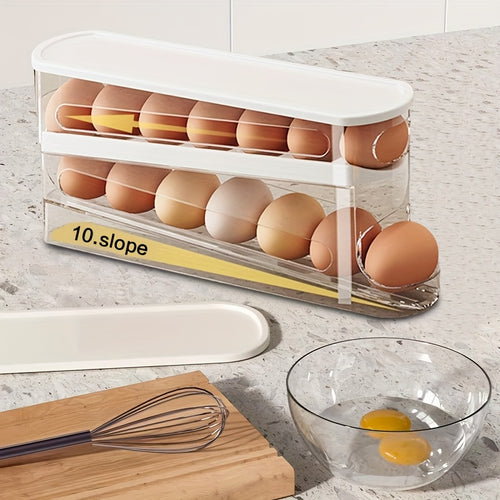 1pc Space-Saving Double-Layer Transparent Automatic Rolling Egg Holder with White Lid - Food-Safe Plastic, Ideal for Refrigerator Side Door & Kitchen Countertops, Egg Holder for Refrigerator